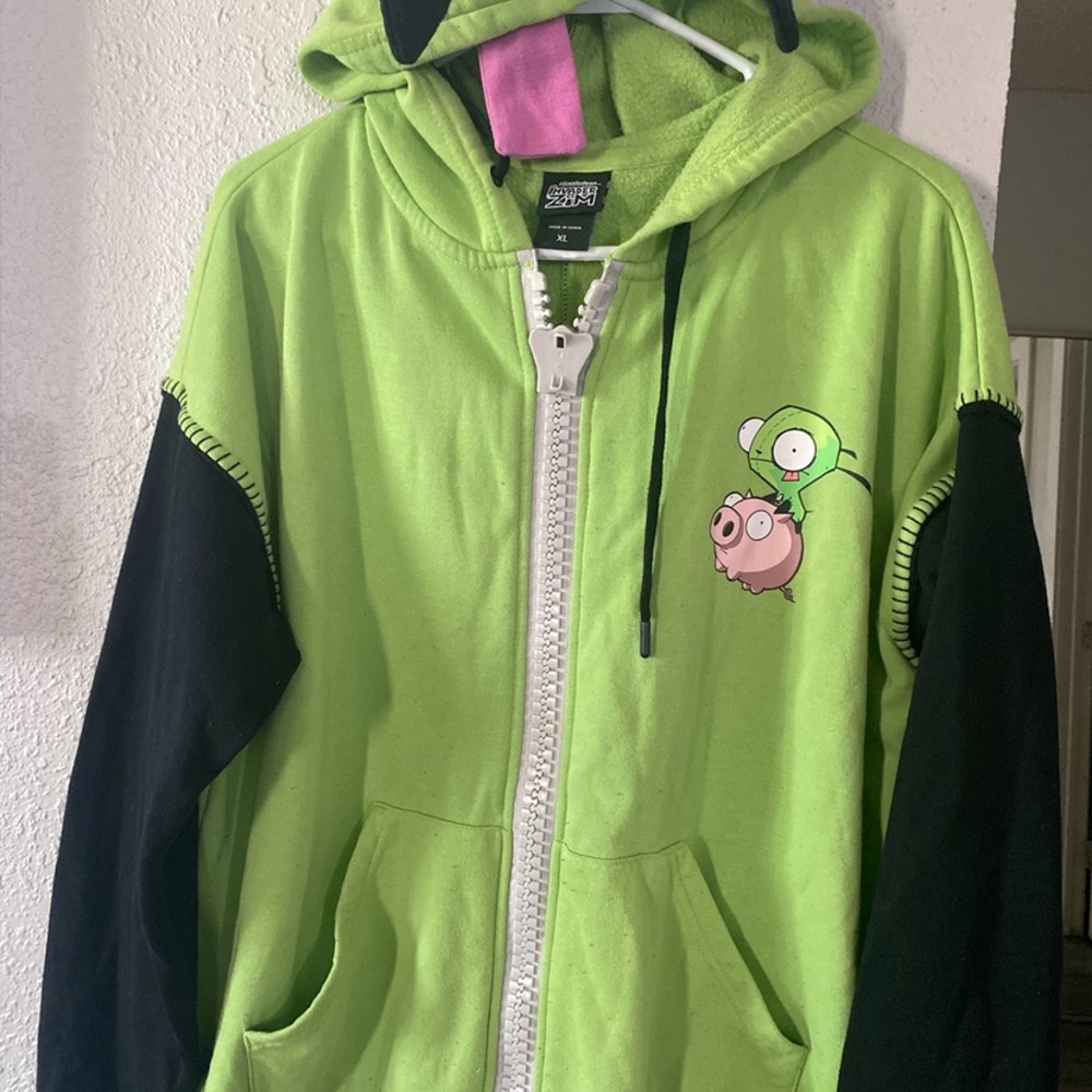 Green and Black Zip-Up Sweatshirt with Graphic